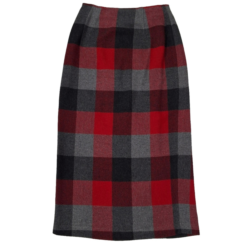 ✨2/$25 Old Navy~Women VTG 90 Long Wrap Skirt~Red Black Buffalo Plaid~Wool~4 - Picture 4 of 6